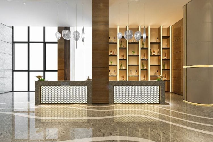 This is an image of an office reception design.